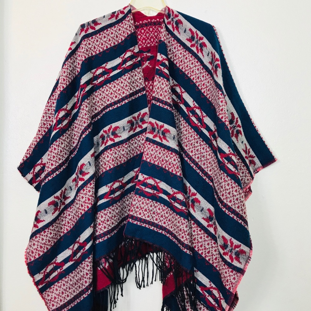 Reversible Lebanese Cape Poncho Boho Fringe Wrap Shawl Red Blue Cozy one size - Picture 9 of 10